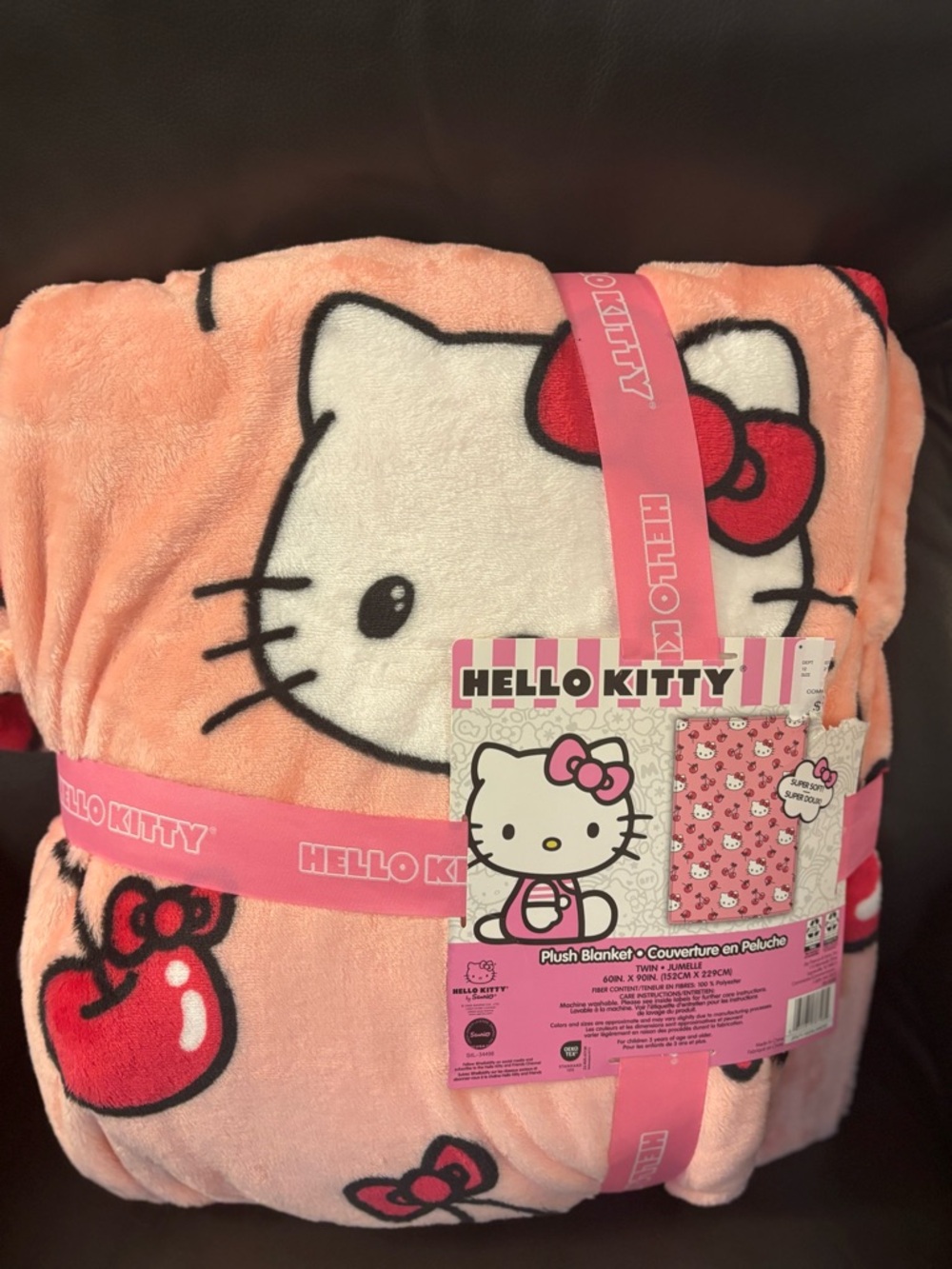 Hello Kitty Peach Plush Blanket with Red Bow & Cherries